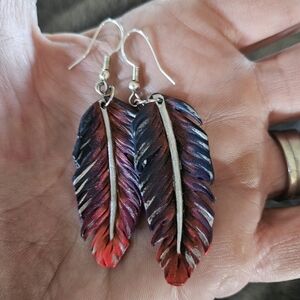 Hand Carved & Painted Feather Earrings